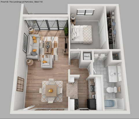Floor plan for 1 bed, 1 bath, 710 sqft